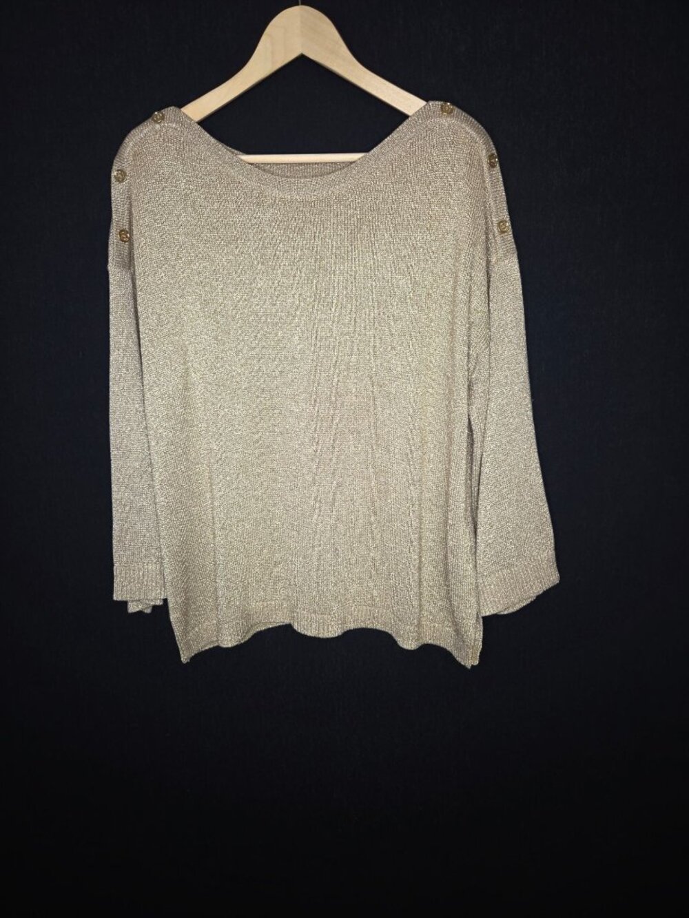 💙 Calvin Klein Metallic Gold Shimmer Knit Sweater XL Button Shoulder Boat Neck